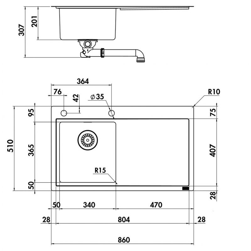 Lot Corno Ora, Evier encastrable bac à droite avec robinetterie Arco 1