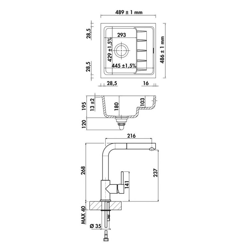 PickUP U - lot Bac à encastrer par le bas, ardoise et mitigeur Arco 2, finition acier inox
