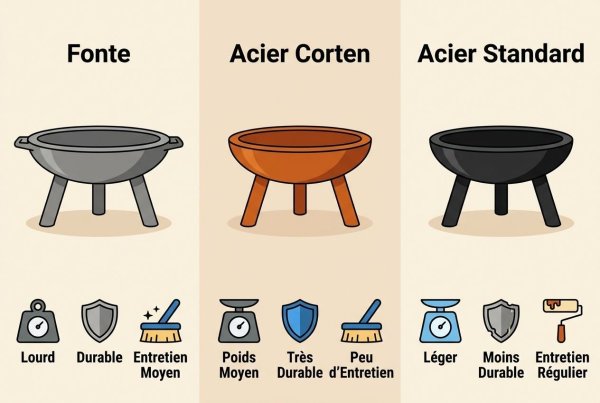 Comment choisir un brasero : comparaison entre fonte, acier corten et acier standard avec critères (poids moyen, durabilité, entretien) pour jardin.