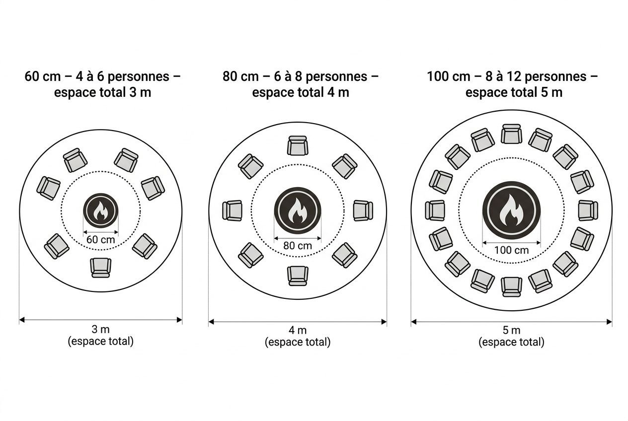Aménagement jardin avec brasero: conseils de disposition en trois tailles, sur 3, 4 et 5 m d’espace total autour du brasero central.