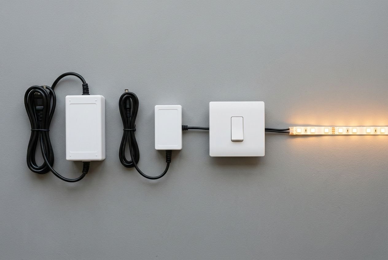 Brancher un ruban LED sur un interrupteur: alimentation et interrupteur muraux reliés à une bande LED lumineuse.