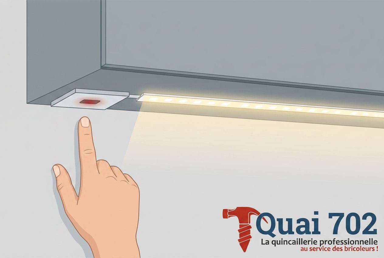 Brancher un ruban led sur un interrupteur : main approchant bouton rouge à poudre sur socle, ruban LED éclairant le dessous d’un meuble.