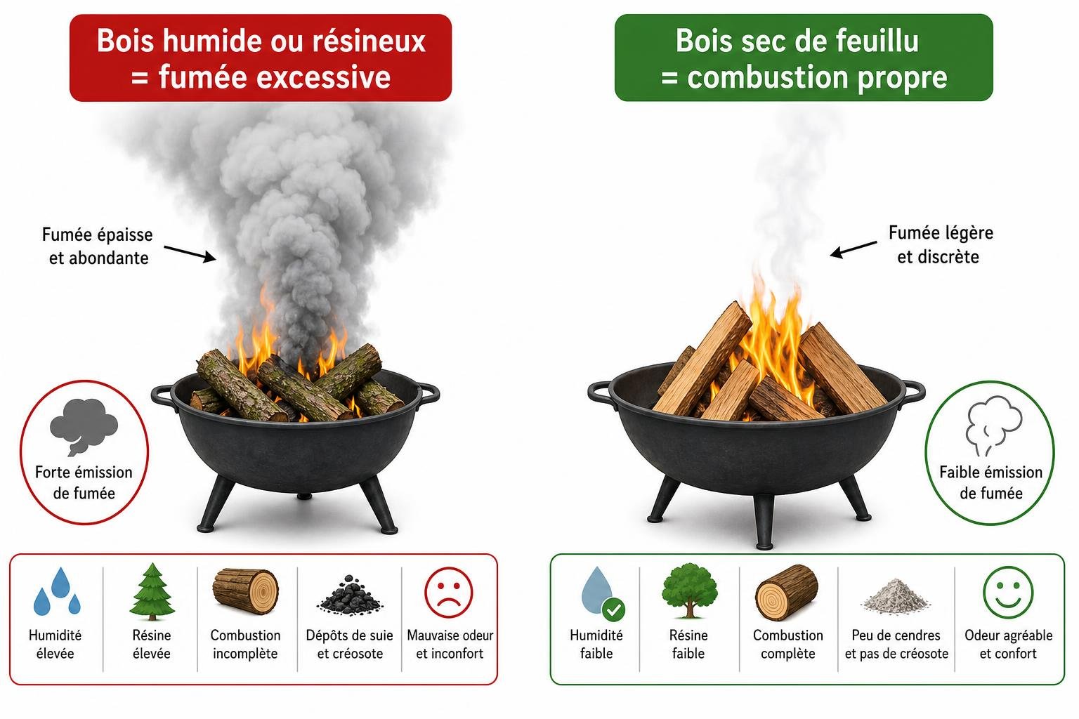 Brasero dans le jardin: comparaison entre fumée excessive (bois humide) et combustion propre (bois sec de feuillu) avec icônes de conditions et sécurité. a-t-on le droit de faire un brasero dans son jardin.