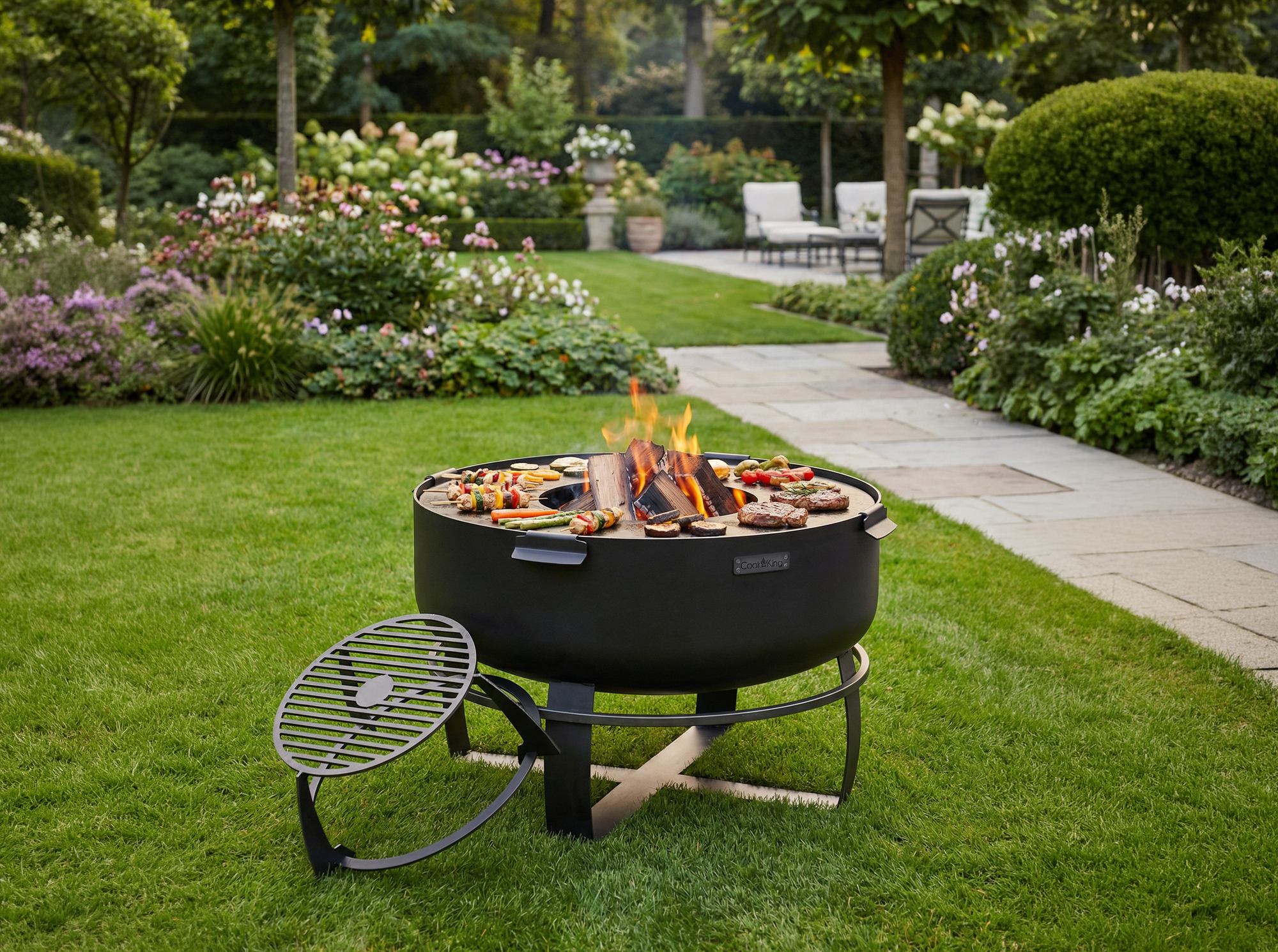 Brasero de jardin Cook King avec grosse flamme et support design, prêt à l’allumage en extérieur