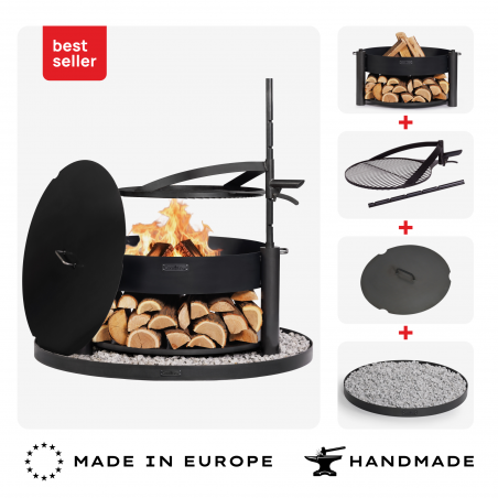 Brasero multifonction en feu avec coupe-feu et plaque ronde, accessoirisé de grille, sac de bois, cendrier et plancha, usage extérieur. brasero multifonction comment utiliser