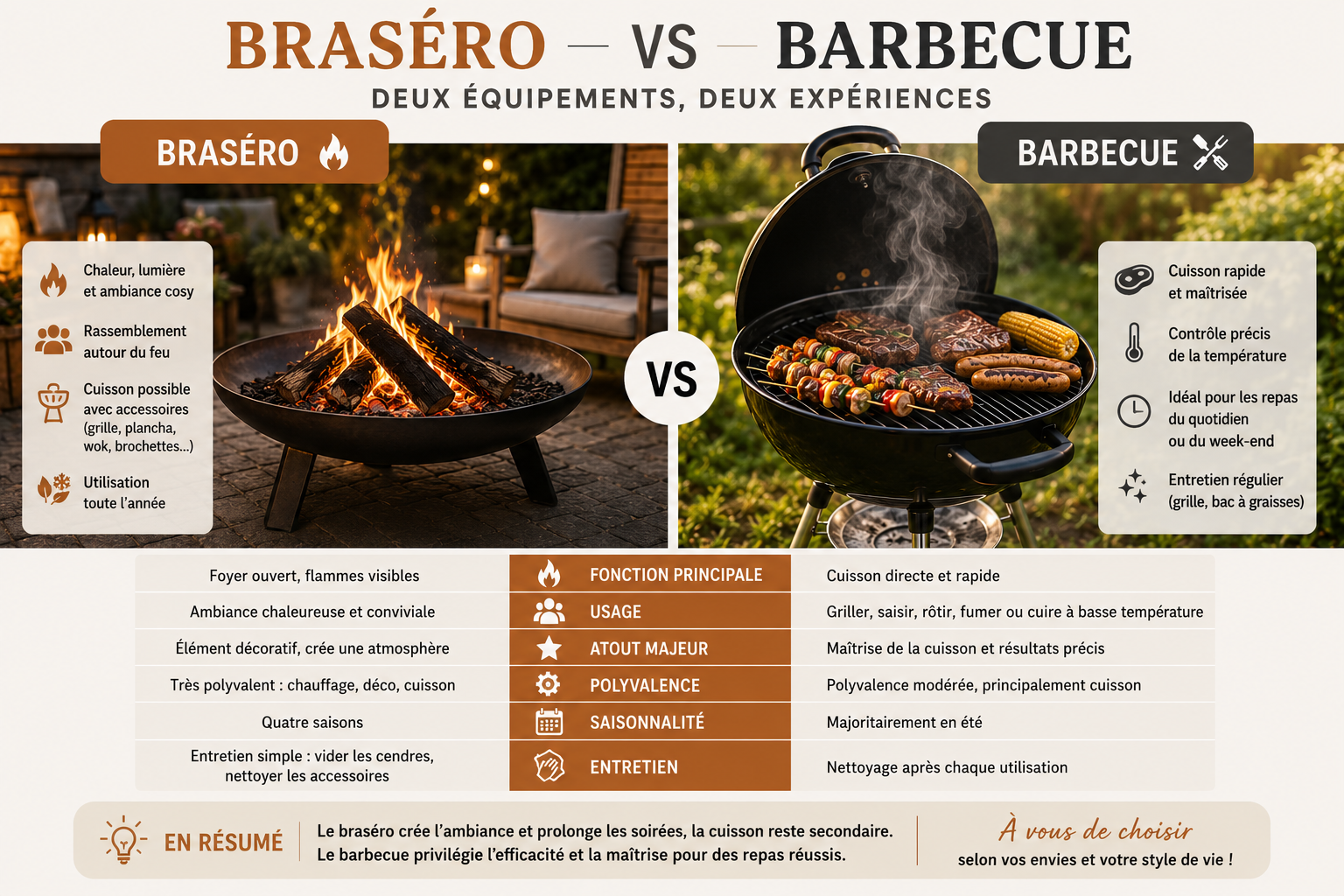 Braséro vs Barbecue : infographie comparant ambiance, usage et principale fonction des deux équipements en extérieur.