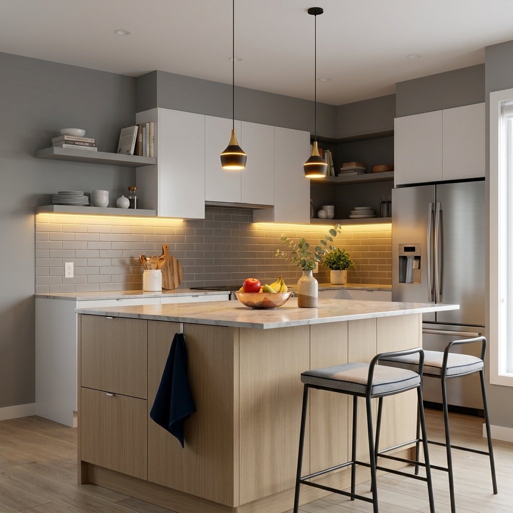 Cuisine contemporaine avec îlot en bois, éclairage suspendu et plans de travail en marbre ; électroménager inox et rangements gris clair. Cuisine contemporaine avec îlot en bois, éclairage suspendu et plans de travail en marbre ; électroménager inox et rangements gris clair.