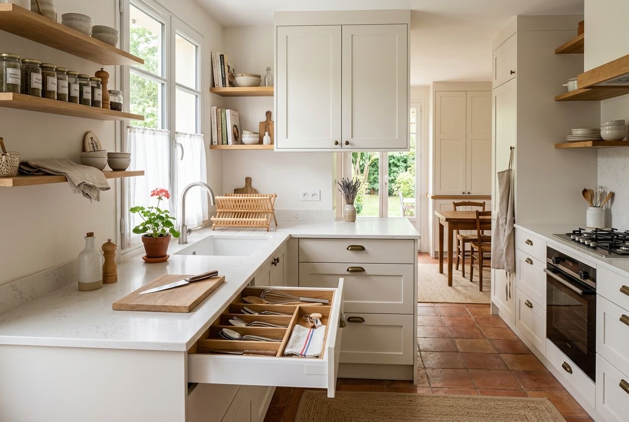 Cuisine lumineuse et fonctionnelle avec rangements intelligents et tiroir à couverts partiellement ouvert, ambiance épurée et chaleureuse. Optimiser l'espace d'une cuisine serait naturel ici.
