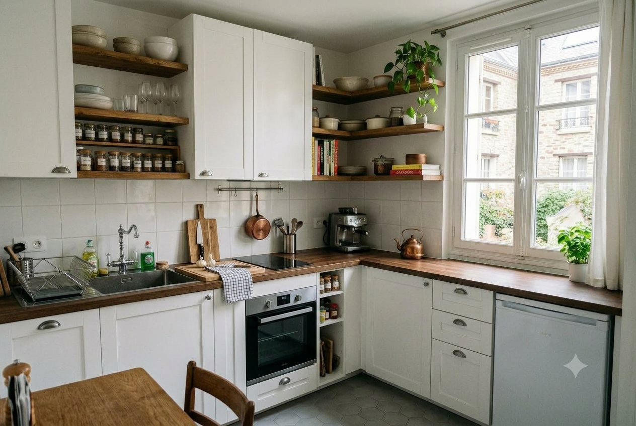 Cuisine lumineuse de style cottage avec meubles blancs, plans de travail en bois et rangements ouverts. Étagères garnies, grande fenêtre et évier. Integration du mot-clé si fourni? Aucun mot-clé spécifié. Alt: "Cuisine lumineuse et équipée avec rangements ouverts et grande fenêtre" (≤125 caractères). Cuisine lumineuse de style cottage avec meubles blancs, plans de travail en bois et rangements ouverts. Étagères garnies, grande fenêtre et évier. Integration du mot-clé si fourni? Aucun mot-clé spécifié. Alt: "Cuisine lumineuse et équipée avec rangements ouverts et grande fenêtre" (≤125 caractères).