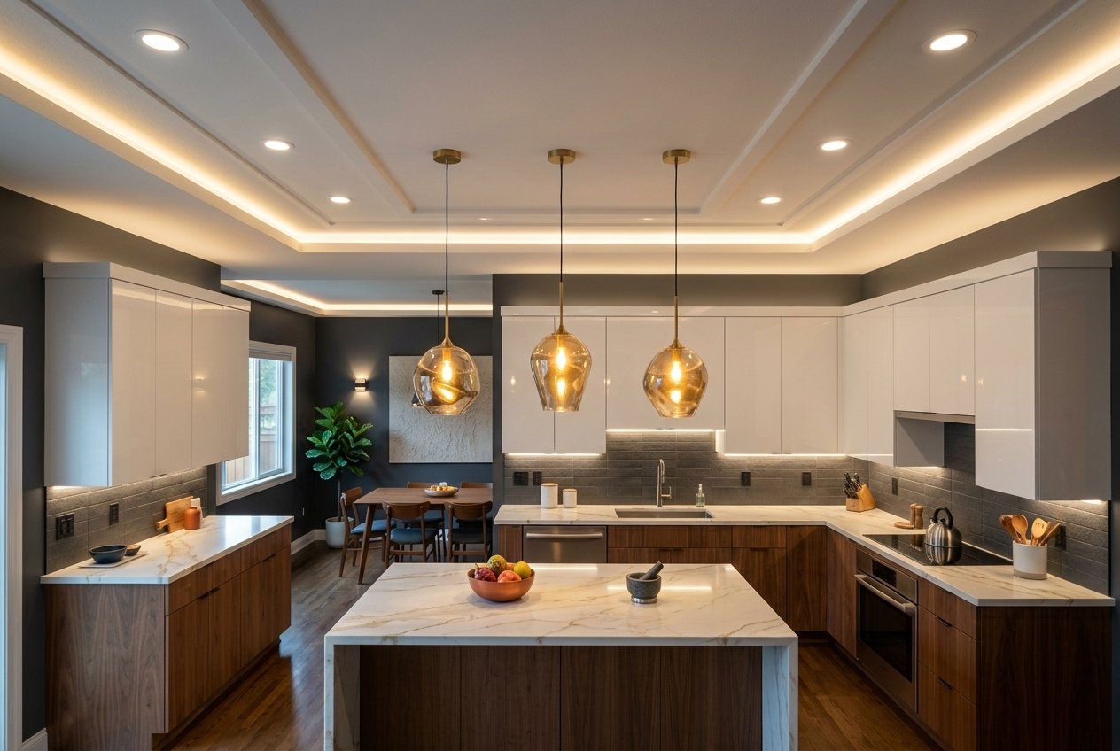 Cuisine moderne équipée, îlot central avec plans en marbre et éclairage suspendu doré. Cuisine moderne équipée, îlot central avec plans en marbre et éclairage suspendu doré.