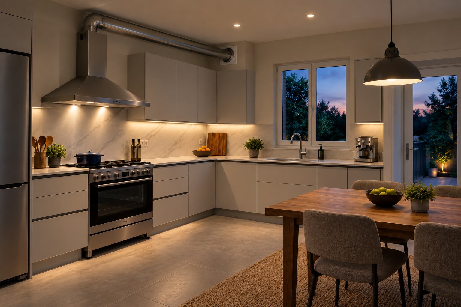 Cuisine moderne équipée avec îlot et table, ambiance lumineuse chaleureuse. Cuisine moderne équipée avec îlot et table, ambiance lumineuse chaleureuse.