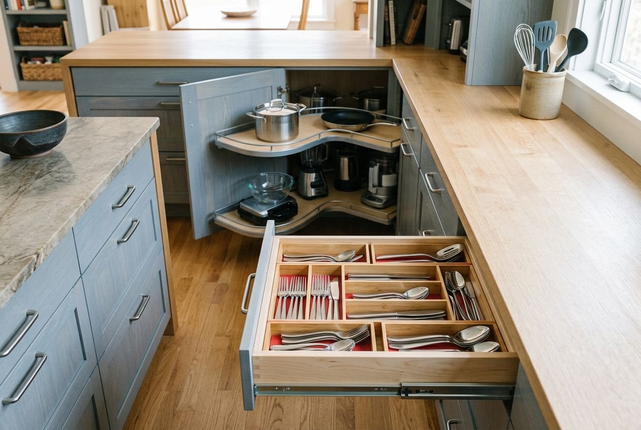 Cuisine ouverte avec tiroir organisé et placard d'angle à étagères rotatives.