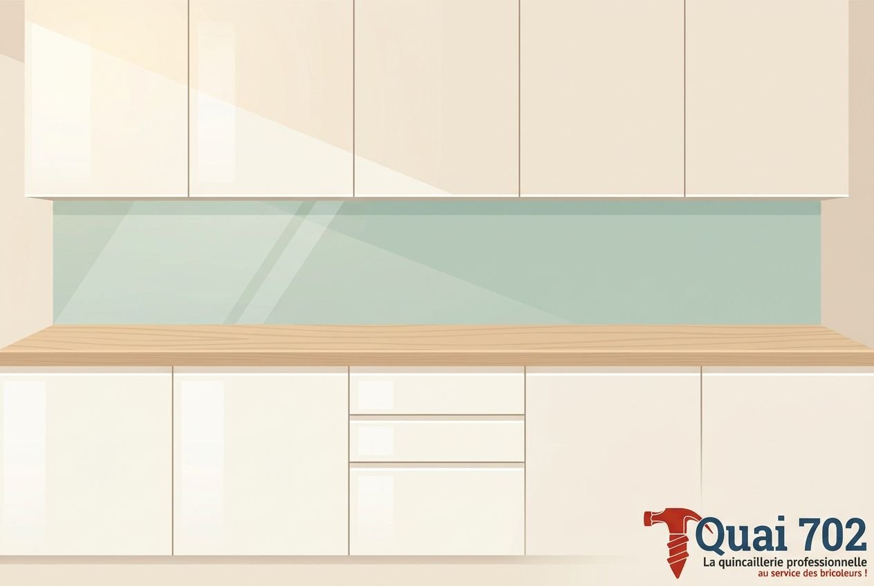 Cuisine sombre sans fenêtre: aménagement intérieur clair avec meubles blancs, plan de travail en bois et dosseret bleu pâle, éclairage naturel simulé.