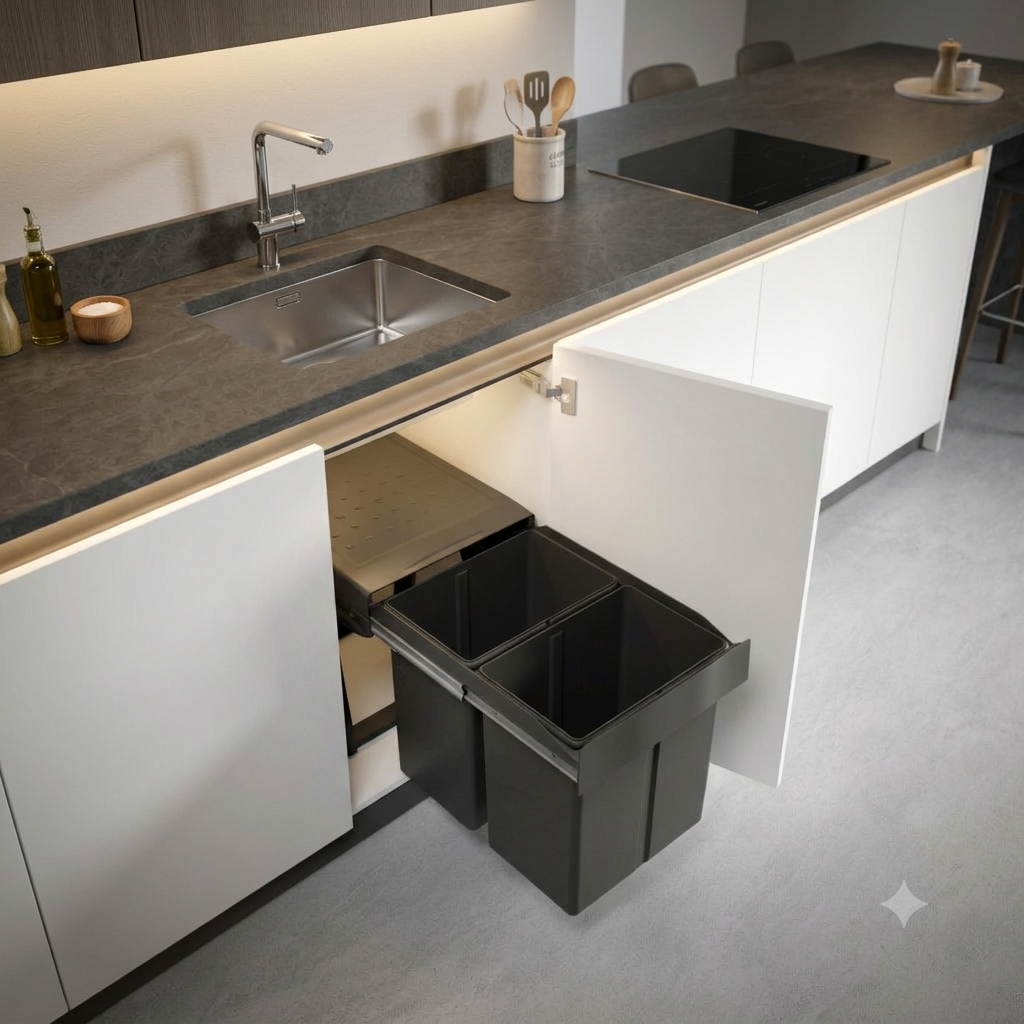 Équipement de cuisine moderne : meuble blanc sous-évier avec porte ouverte, poubelles encastrées et bac de tri séparé.