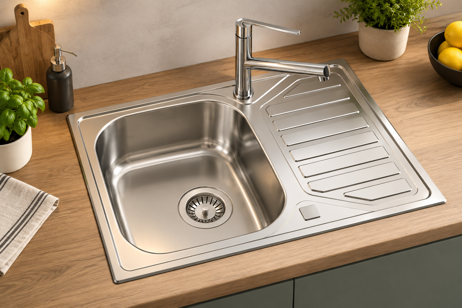 Évier encastrable en inox avec un bac et un égouttoir intégré, installé sur un plan de travail en bois dans une cuisine moderne. Évier encastrable en inox avec un bac et un égouttoir intégré, installé sur un plan de travail en bois dans une cuisine moderne.