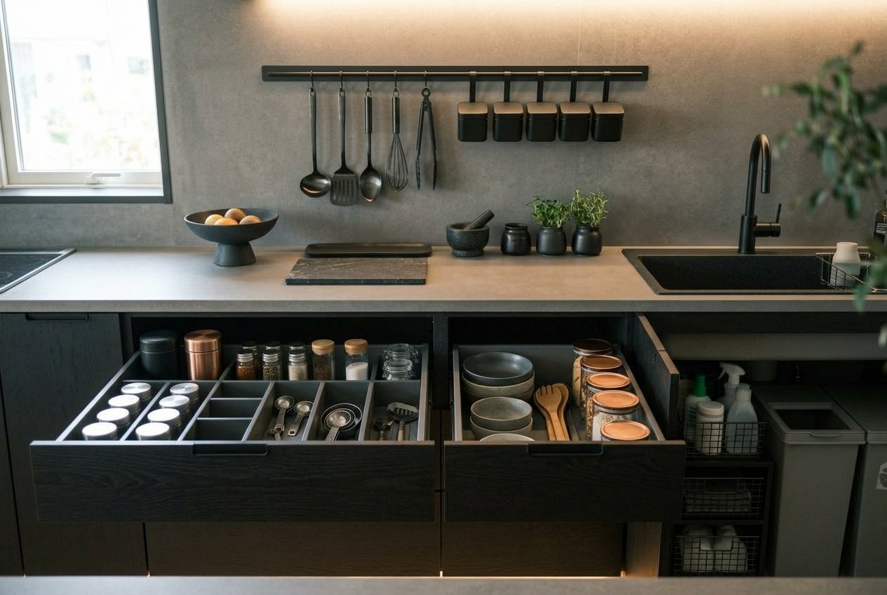Grand plan de cuisine moderne avec rangements sous évier, verrines et ustensiles organisés dans des tiroirs coulissants. Grand plan de cuisine moderne avec rangements sous évier, verrines et ustensiles organisés dans des tiroirs coulissants.