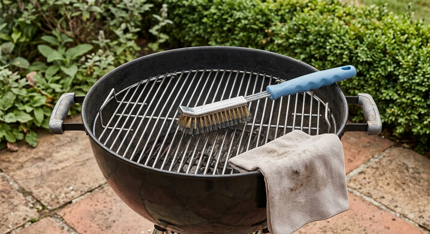Grille de barbecue ronde avec brosse métallique et torchon, sur terrasse en pierre, manches bleues et poignées noires. Grille de barbecue ronde avec brosse métallique et torchon, sur terrasse en pierre, manches bleues et poignées noires.