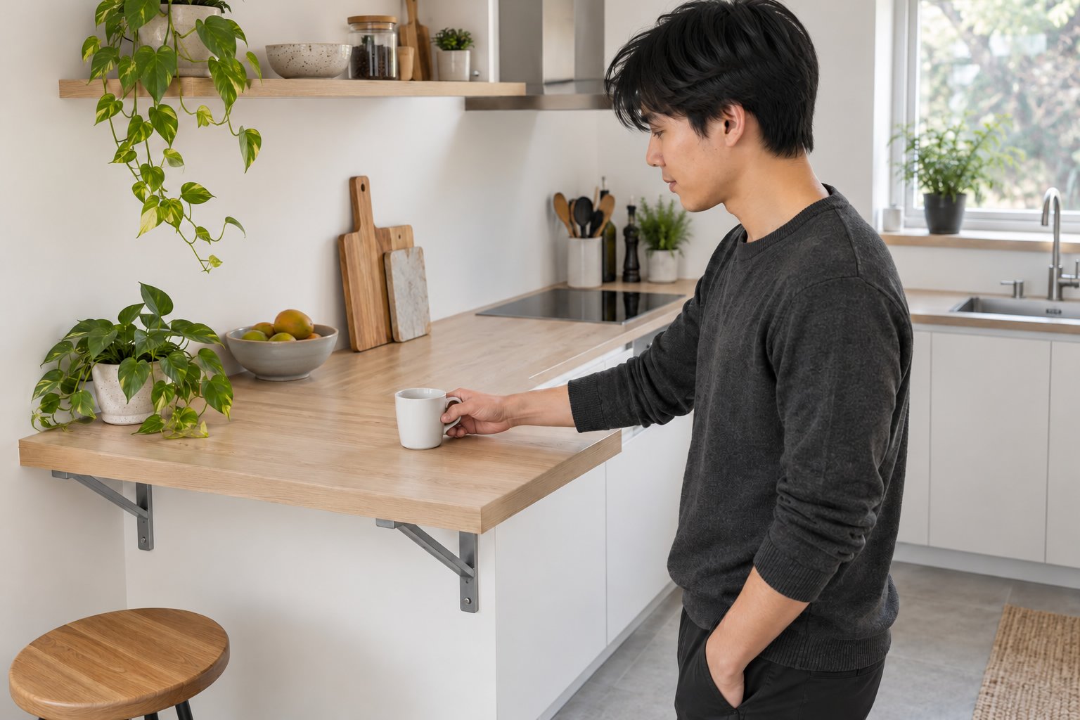 Homme debout dans une cuisine moderne, prenant une tasse sur un plan de travail en bois extensible.
