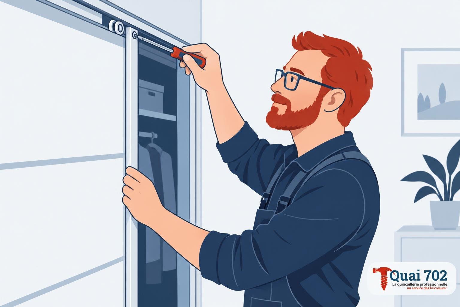Homme installant une porte coulissante de placard sur un dressing, serrant un outil au rail supérieur. intégration du mot-clé : comment installer porte coulissante dress