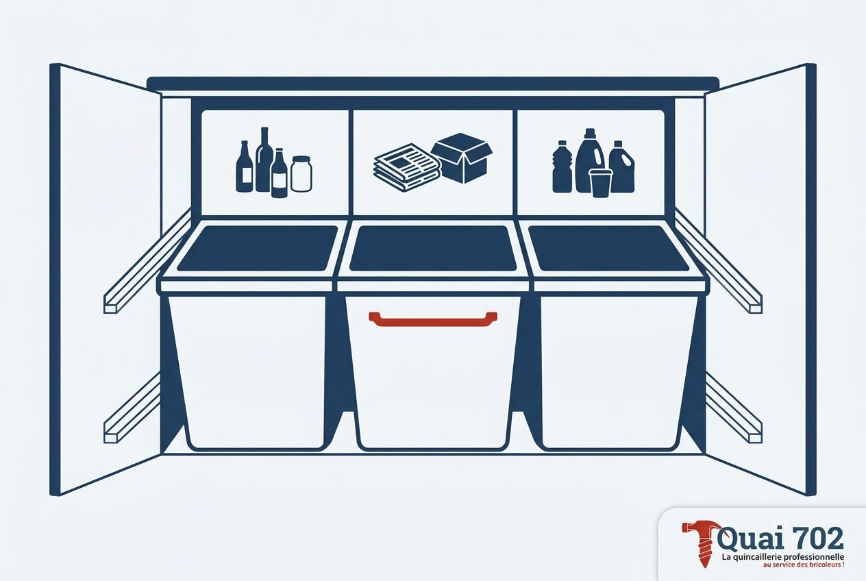 Illustration d'un meuble de cuisine ouvert avec trois bacs de tri coulissants, chacun signalé par un pictogramme.