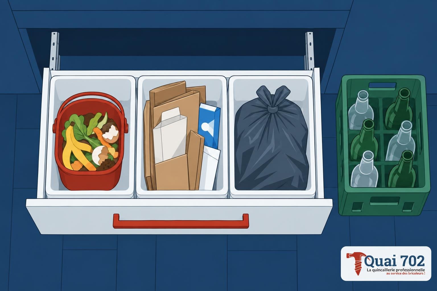 Illustration vectorielle d'un système coulissant de tri des déchets à trois bacs, vu de dessus.