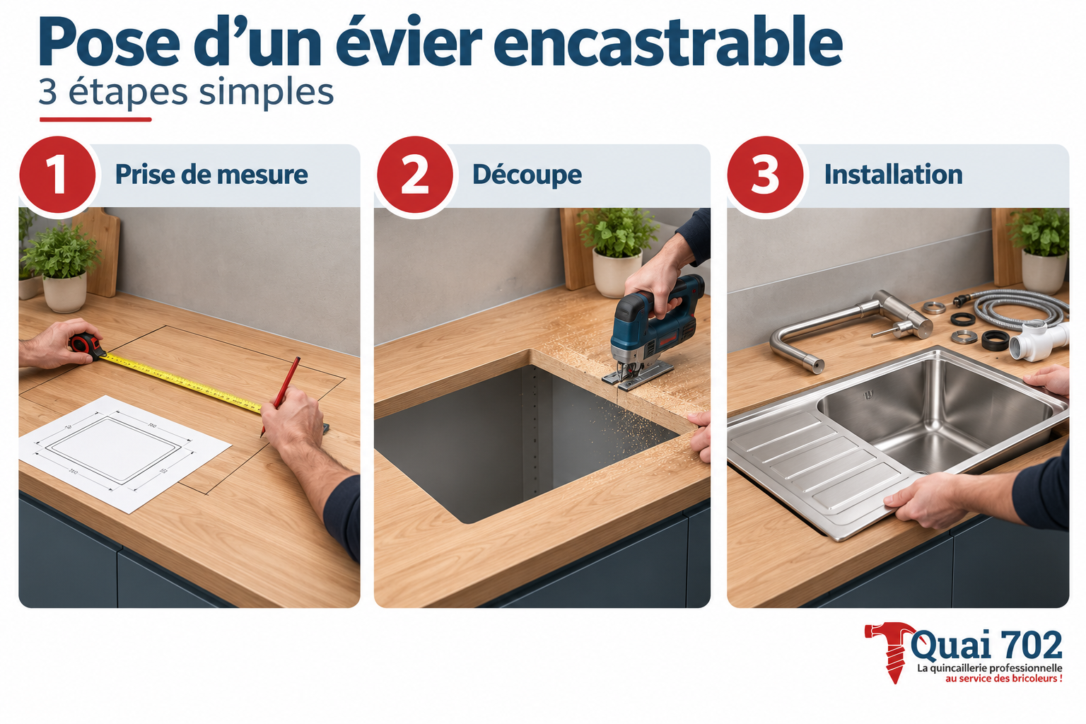 Infographie Quai 702 présentant les 3 étapes de pose d’un évier encastrable : prise de mesures, découpe du plan de travail à la scie sauteuse et installation de l’évier en inox. Infographie Quai 702 présentant les 3 étapes de pose d’un évier encastrable : prise de mesures, découpe du plan de travail à la scie sauteuse et installation de l’évier en inox.