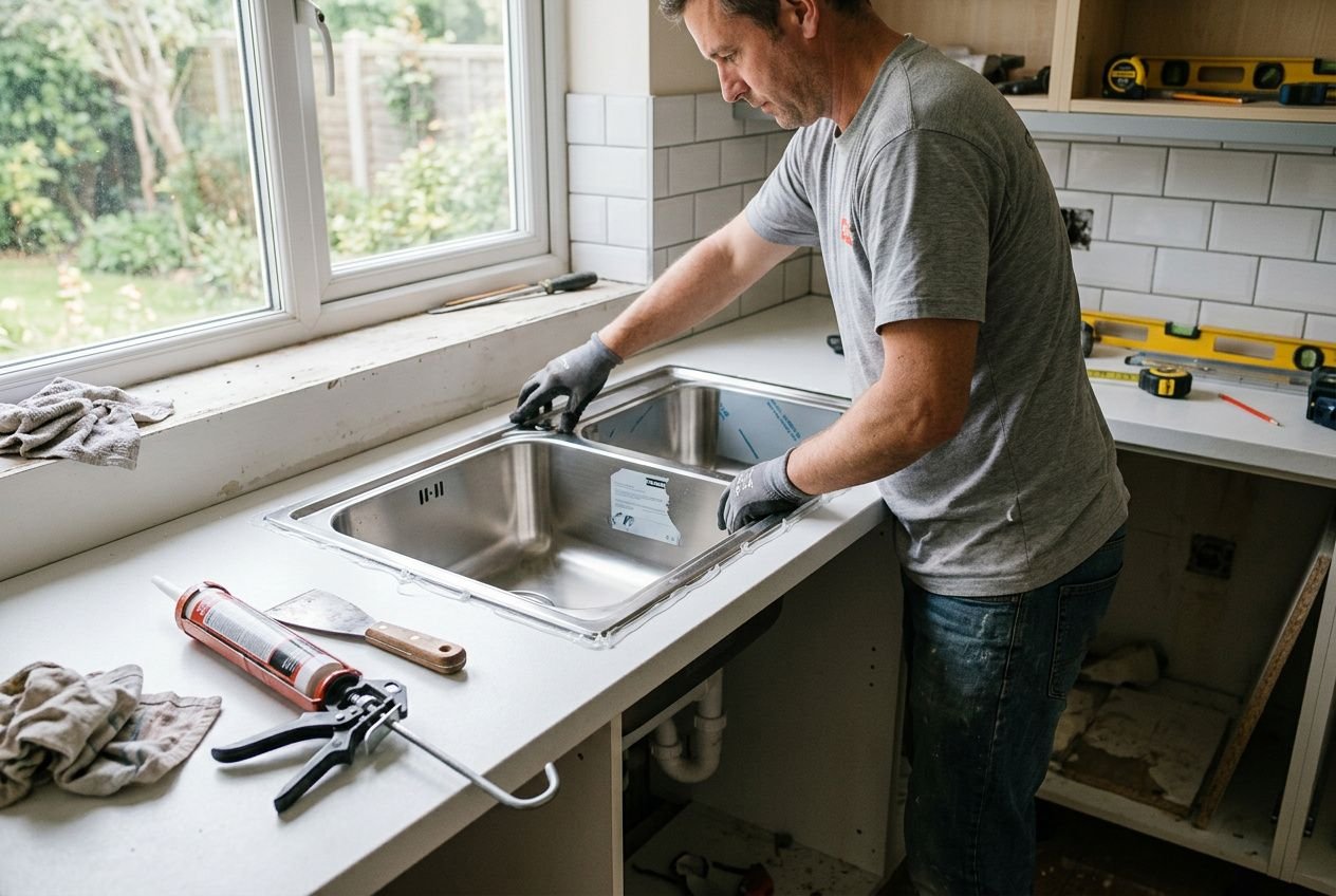 Installation d'un évier encastrable dans un plan de travail de cuisine