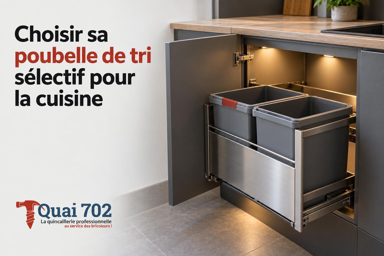 Meuble de cuisine ouvert avec poubelle de tri sélectif intégrée à deux compartiments.