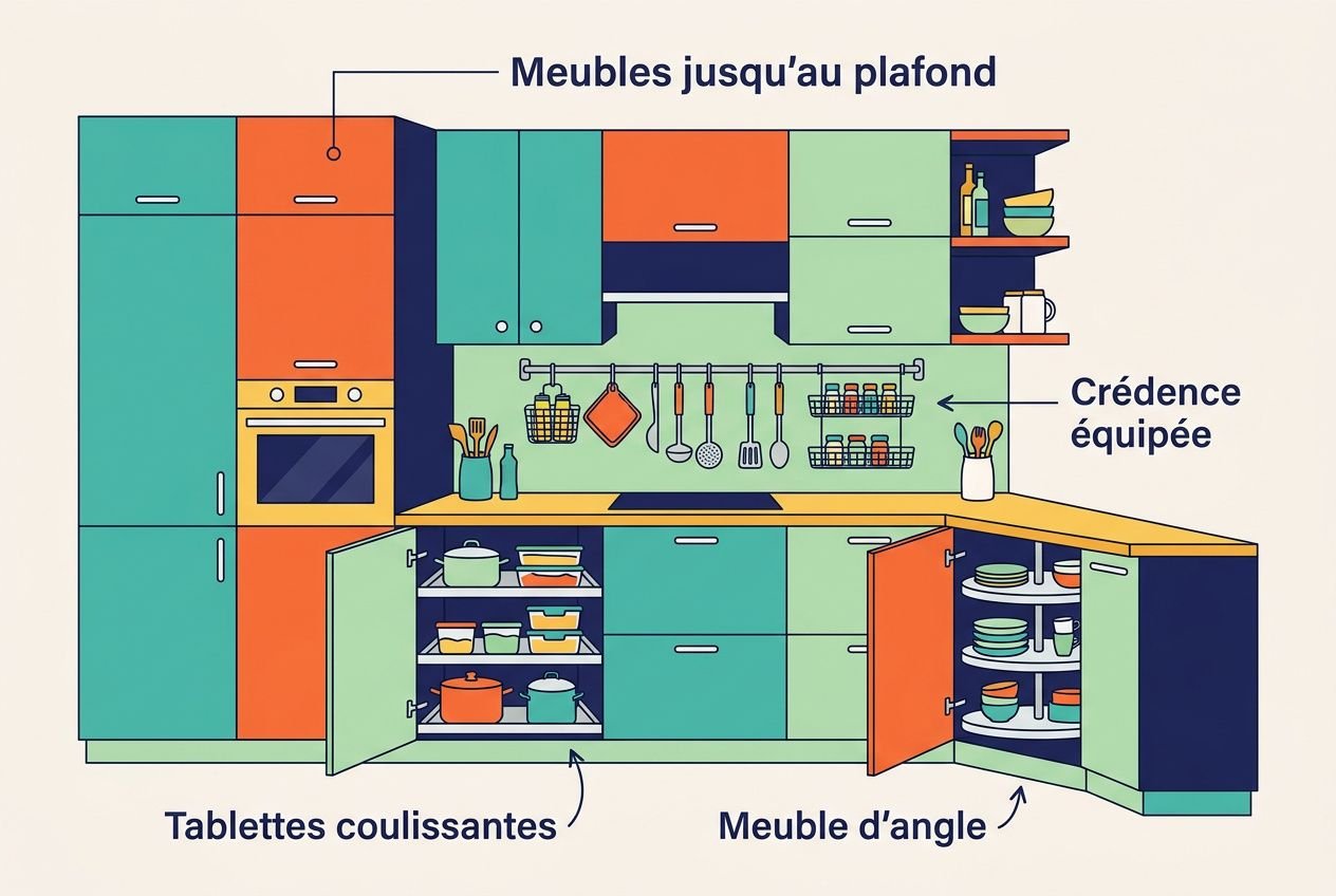 Modèle de cuisine optimisée avec rangements intelligents, meubles d’angle et tablettes coulissantes. Crédence équipée et éléments colorés.