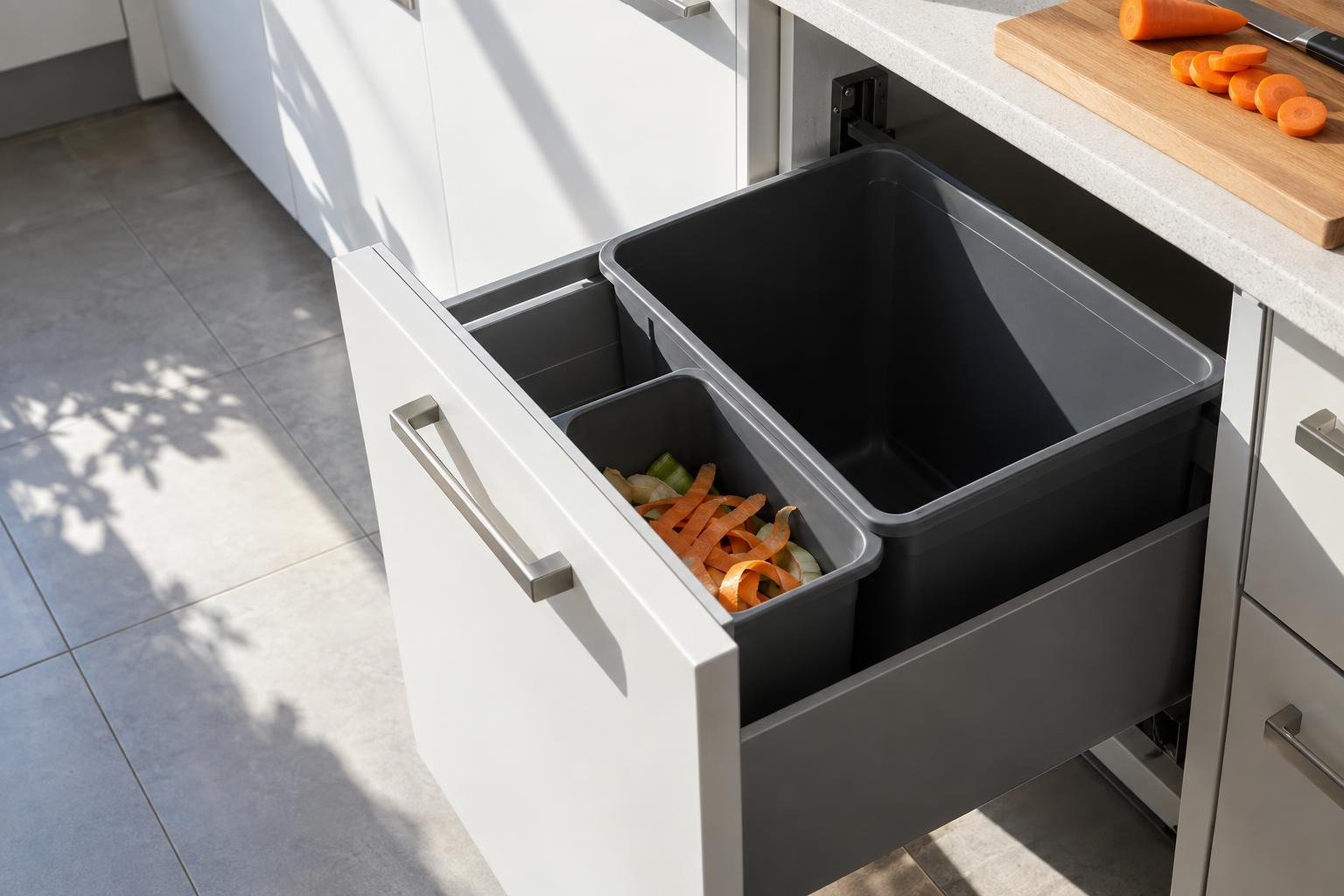 Petit bac à biodéchets posé sous un plan de travail de cuisine, avec des épluchures à l'intérieur.