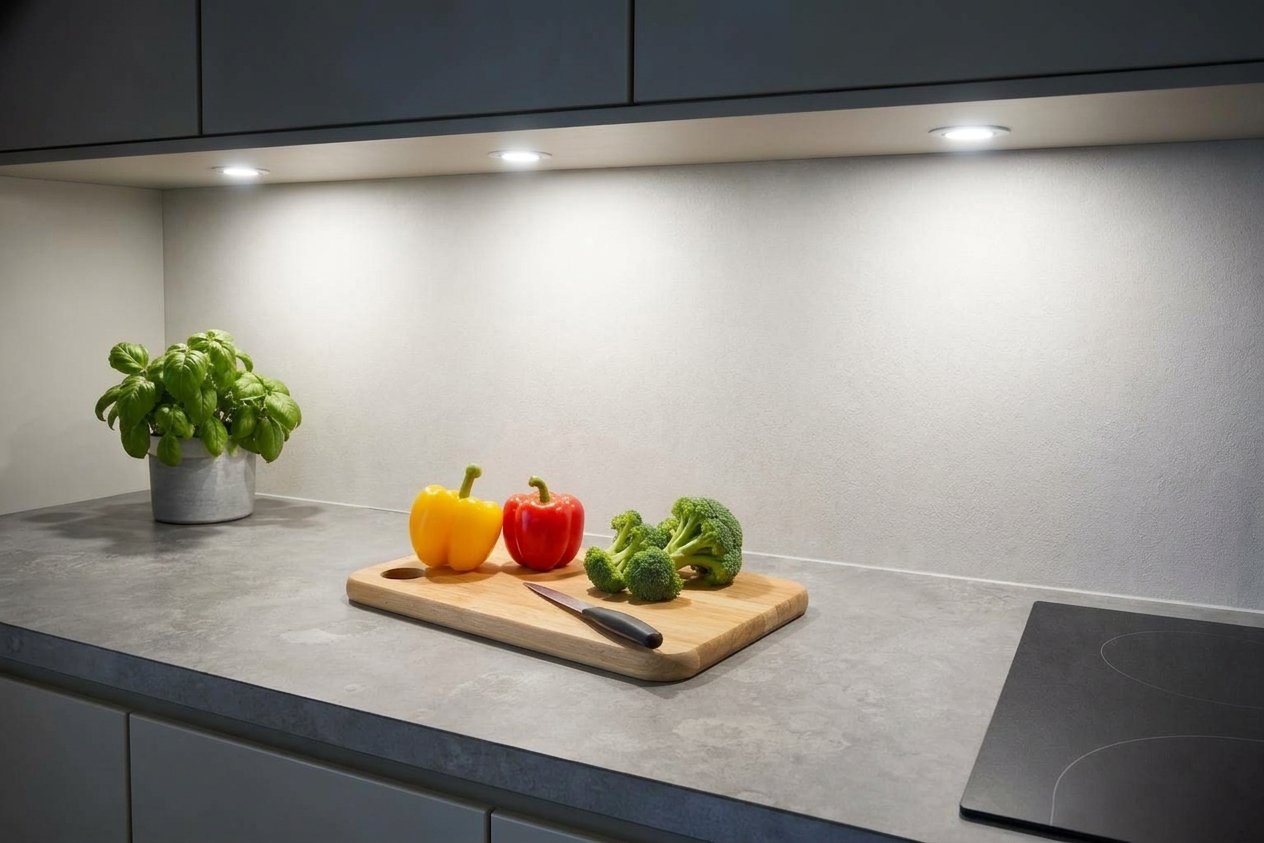 Plan de travail de cuisine avec poivrons, brocoli et couteau sur planche; lumière sous les meubles et plante en pot à gauche. Plan de travail de cuisine avec poivrons, brocoli et couteau sur planche; lumière sous les meubles et plante en pot à gauche.