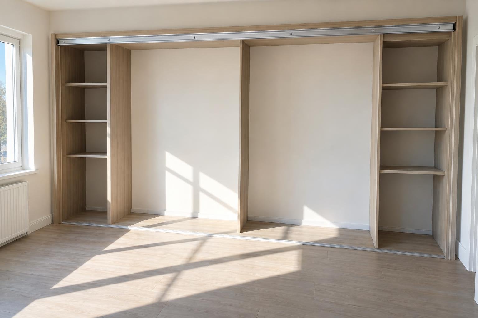 Porte coulissante de placard installée dans un dressing, rails fixés en haut et vantaux en bois avec rayonnages de chaque côté.