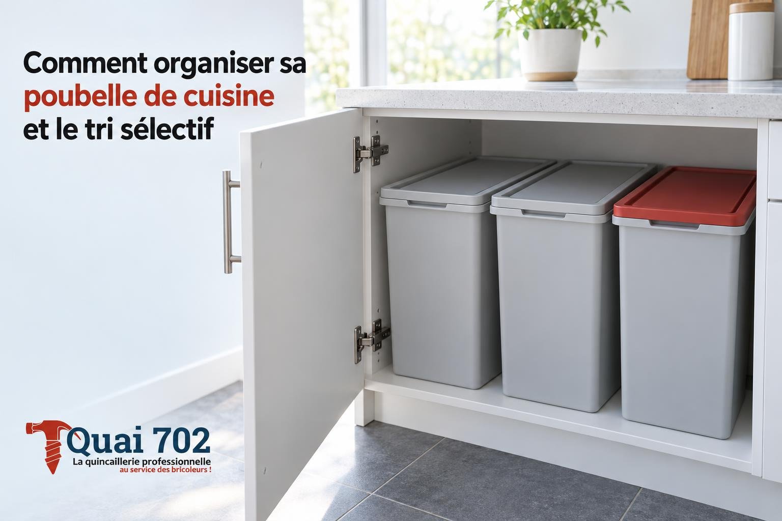 Poubelle de tri à plusieurs bacs intégrée dans un meuble de cuisine ouvert