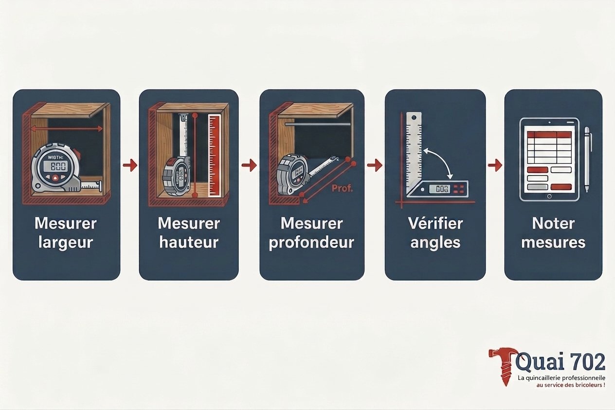 Procédé illustré : mesurer largeur, hauteur et profondeur, vérifier les angles puis noter les mesures. Quai 702 logo en bas à droite. Procédé illustré : mesurer largeur, hauteur et profondeur, vérifier les angles puis noter les mesures. Quai 702 logo en bas à droite.
