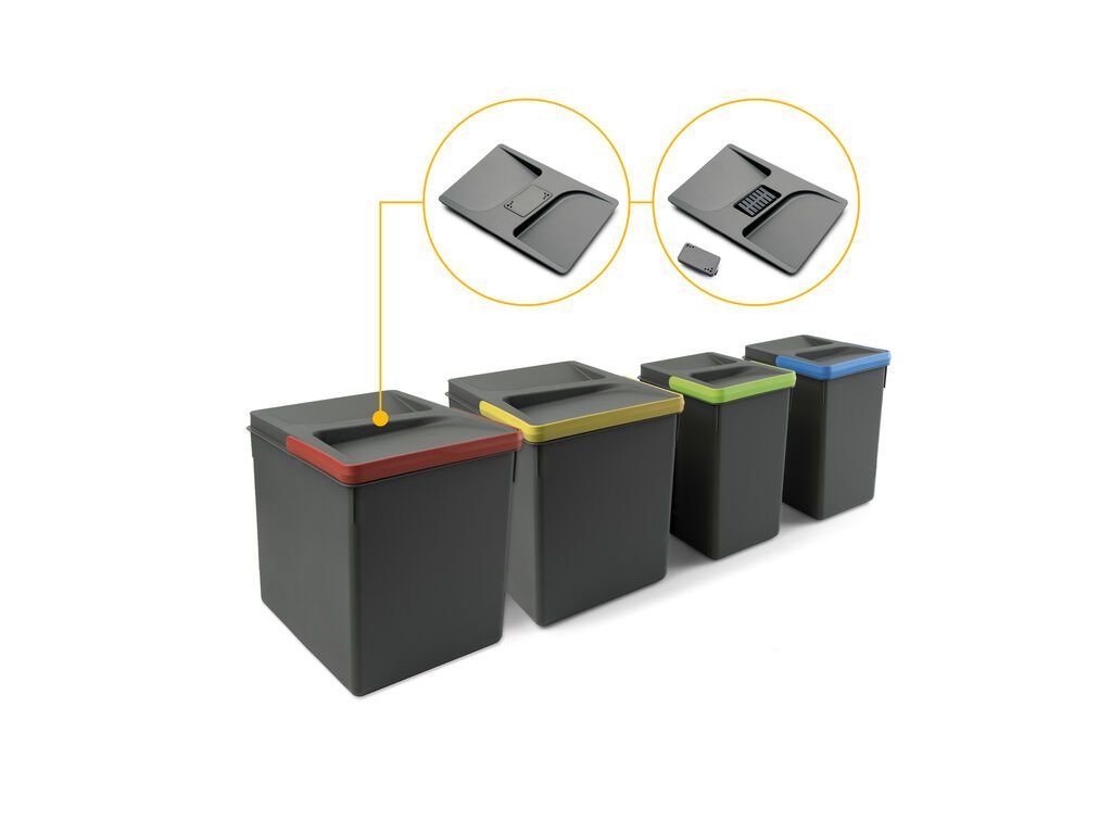 Quatre bacs de tri Recycle anthracite pour tiroir de cuisine, avec poignées colorées et couvercle à logement pour pastille anti-odeur