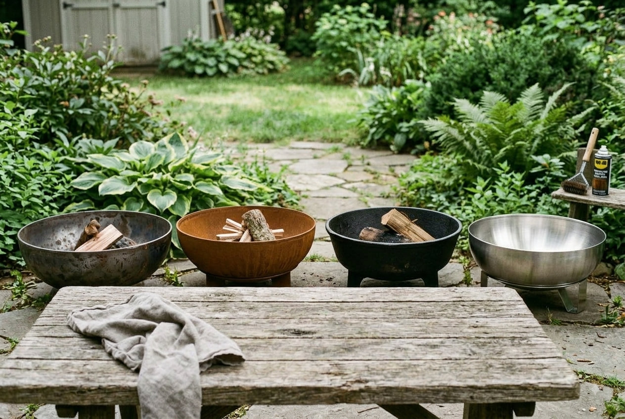 Quatre foyers à bois de différentes couleurs sur une terrasse en pierre, avec un tablier en bois au premier plan et une serviette en linge déposé. Jardin verdoyant en arrière-plan. Quatre foyers à bois de différentes couleurs sur une terrasse en pierre, avec un tablier en bois au premier plan et une serviette en linge déposé. Jardin verdoyant en arrière-plan.