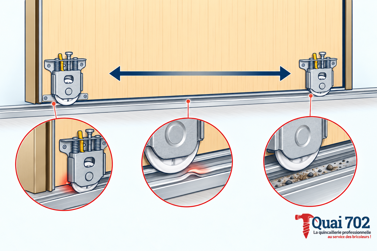 Schéma d’une porte coulissante avec deux roulettes dans le rail inférieur, montrant trois points à vérifier en cas de frottement : la fin de course, une déformation du rail et la présence de débris.