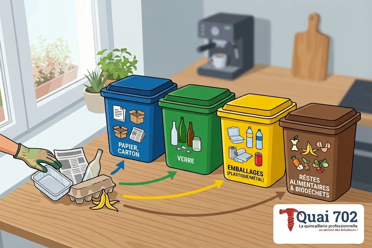 Schéma montrant quatre catégories de déchets reliées à une poubelle : emballages, verre, déchets alimentaires, non recyclables.