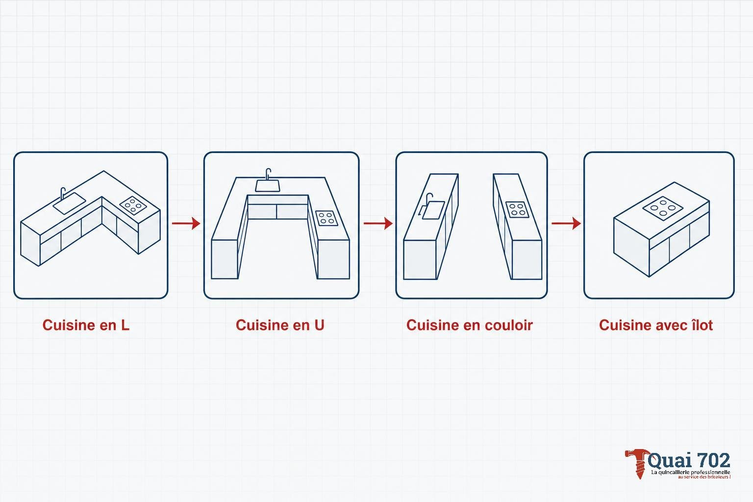 Schéma de quatre configurations de cuisine : en L, en U, en couloir et avec îlot.