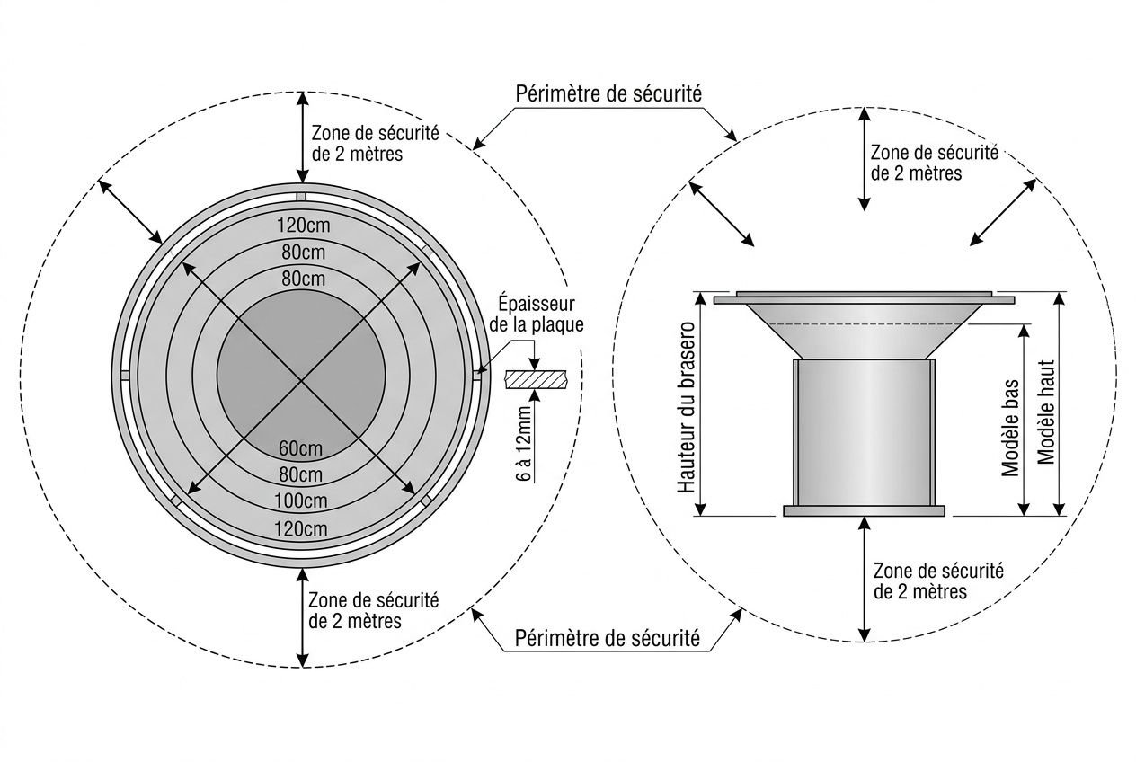 Schéma technique d’un brasero avec mesures: zones de sécurité, diamètres et épaisseur, vue de dessus et profil avec contrôles de hauteur et modèles. intégré? comment choisir un brasero par critères.