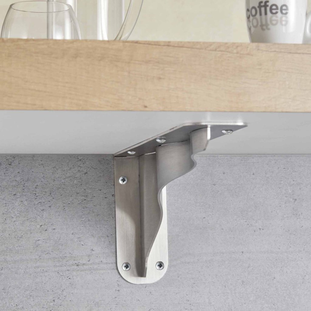 Support métallique sous tablette avec patin et fixations visibles, fixant un plateau en bois.