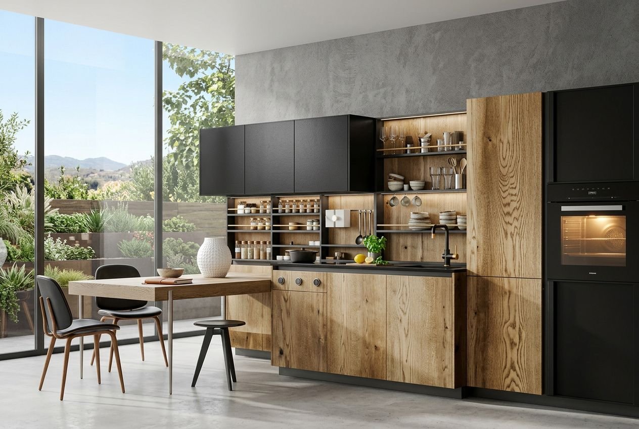 Système de cuisine modulaire noir et bois avec rangements ouverts optimisant l'espace mural.