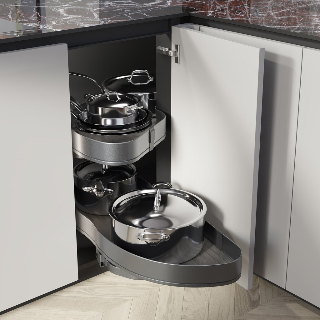 Tiroir d’angle de cuisine avec pots et casseroles en acier inoxydable, rangement intérieur optimisé et façades contemporaines. Tiroir d’angle de cuisine avec pots et casseroles en acier inoxydable, rangement intérieur optimisé et façades contemporaines.