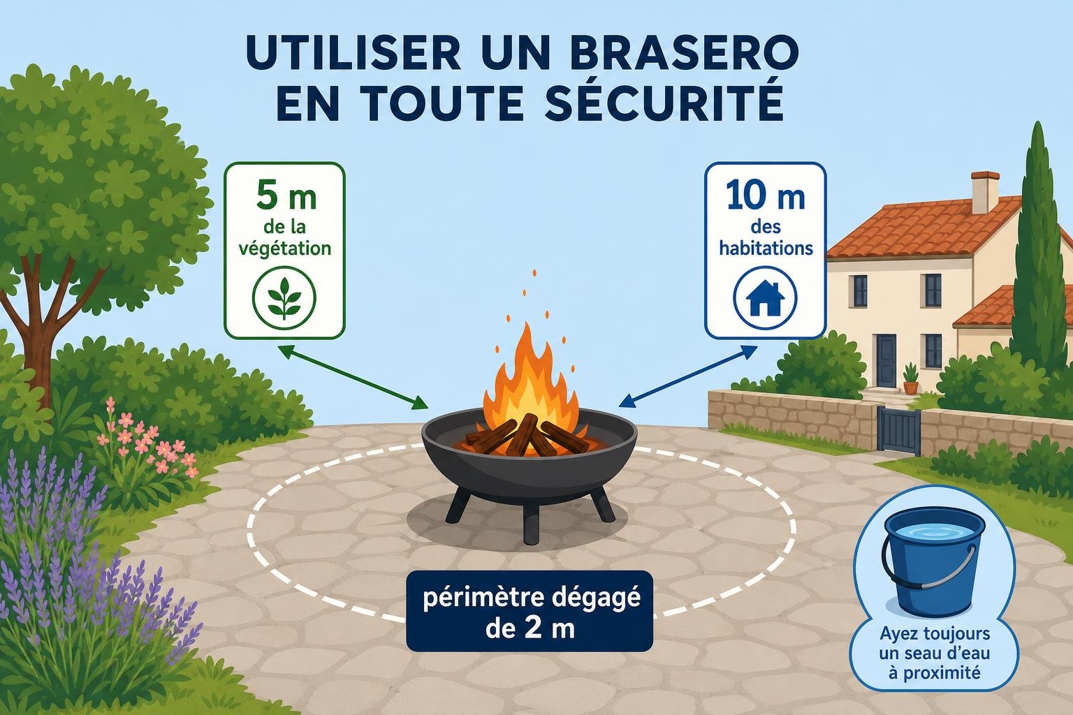 Utiliser un brasero en toute sécurité dans le jardin, avec périmètre dégagé de 2 m et distance de 10 m des habitations. a-t-on le droit de faire un brasero dans son jardin?